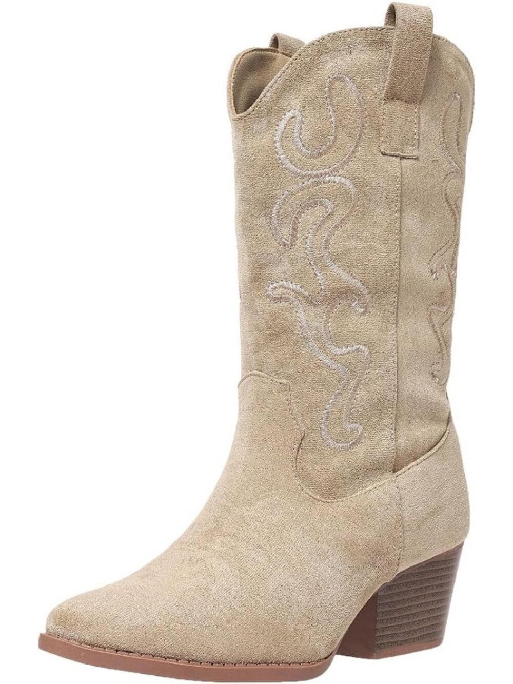 Women's Beige Western-Inspired Chunky Heel Mid Calf Embroidered Cowgirl Boots
